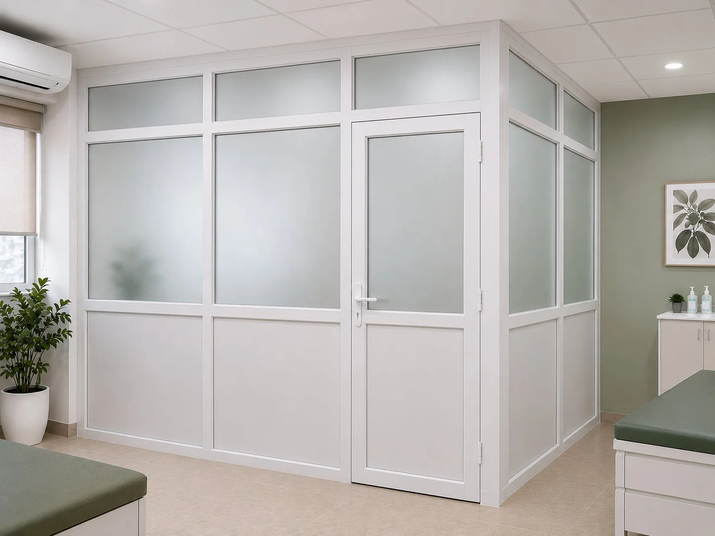 Half-glazed uPVC partition with frosted glass and solid panels separating a clinic consulting room — Mason uPVC