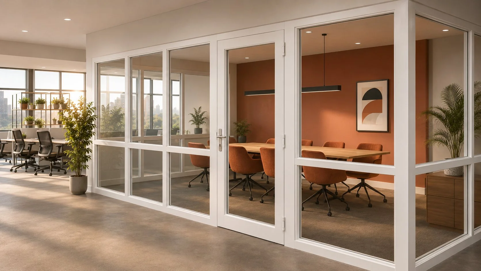 Full-height uPVC framed glass office partition with white profiles enclosing a meeting room in a Hyderabad office — Mason uPVC