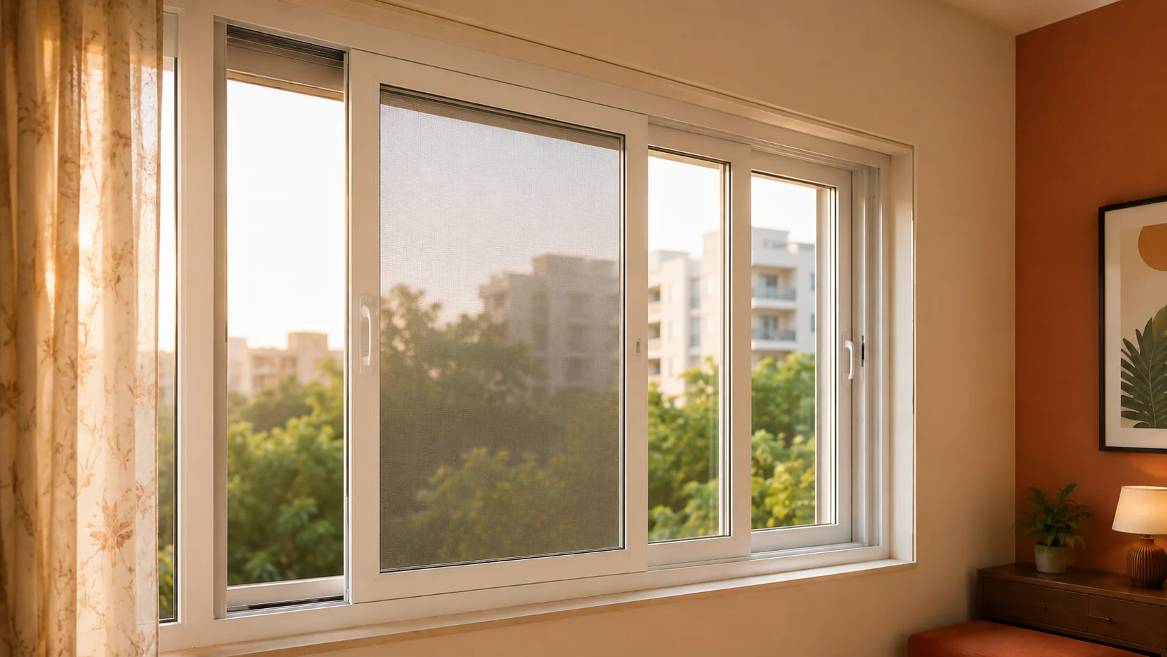 Retrofit mosquito mesh sash added to an existing white uPVC 3-track sliding window in a Hyderabad apartment — Mason uPVC